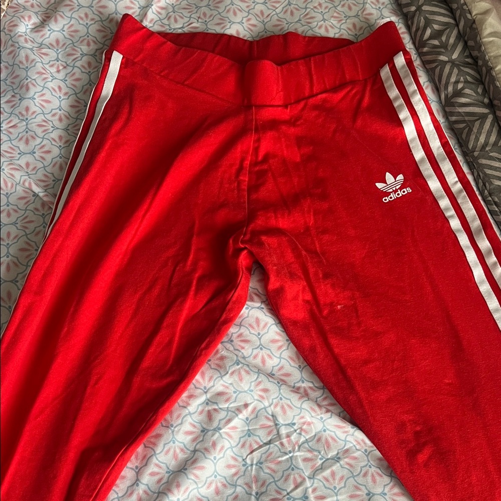 Adidas Women's Red Joggers with White Stripes